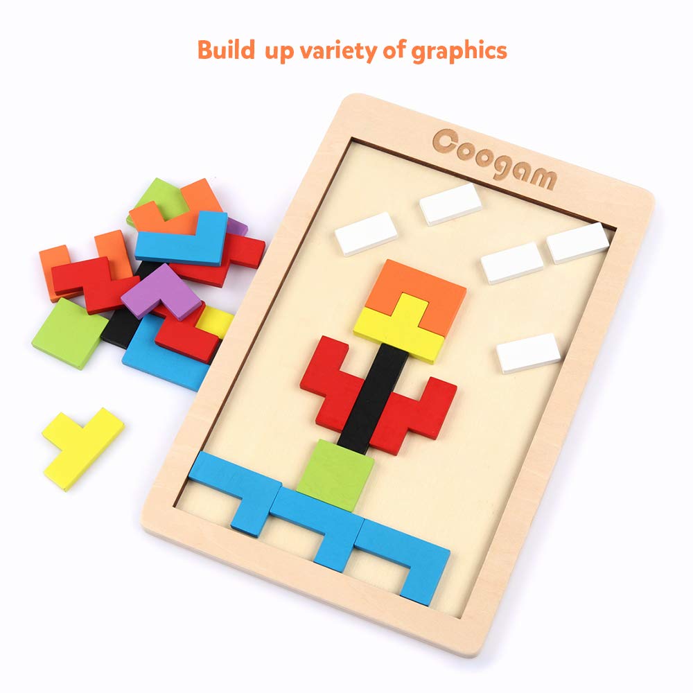 Coogam 40-Piece Wooden Tangram & 3D Brain Teaser Set