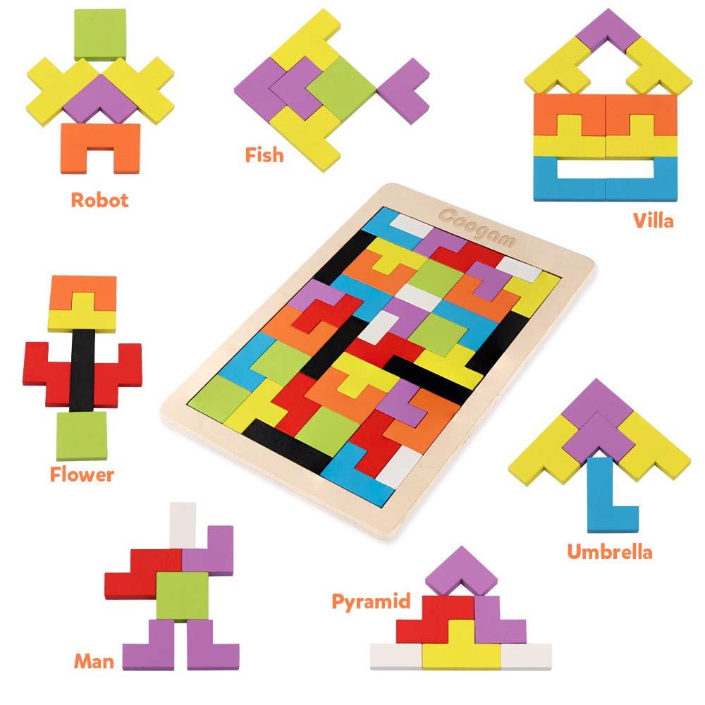 Coogam 40-Piece Wooden Tangram & 3D Brain Teaser Set