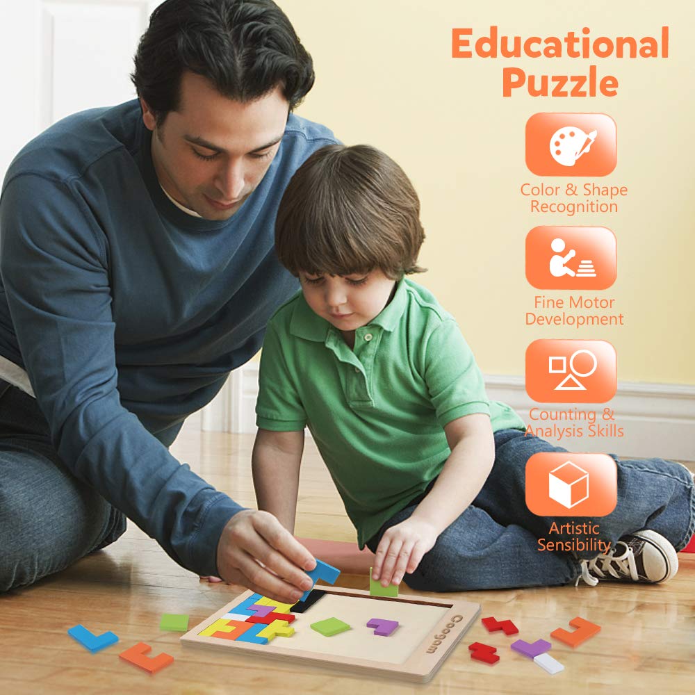 Coogam 40-Piece Wooden Tangram & 3D Brain Teaser Set