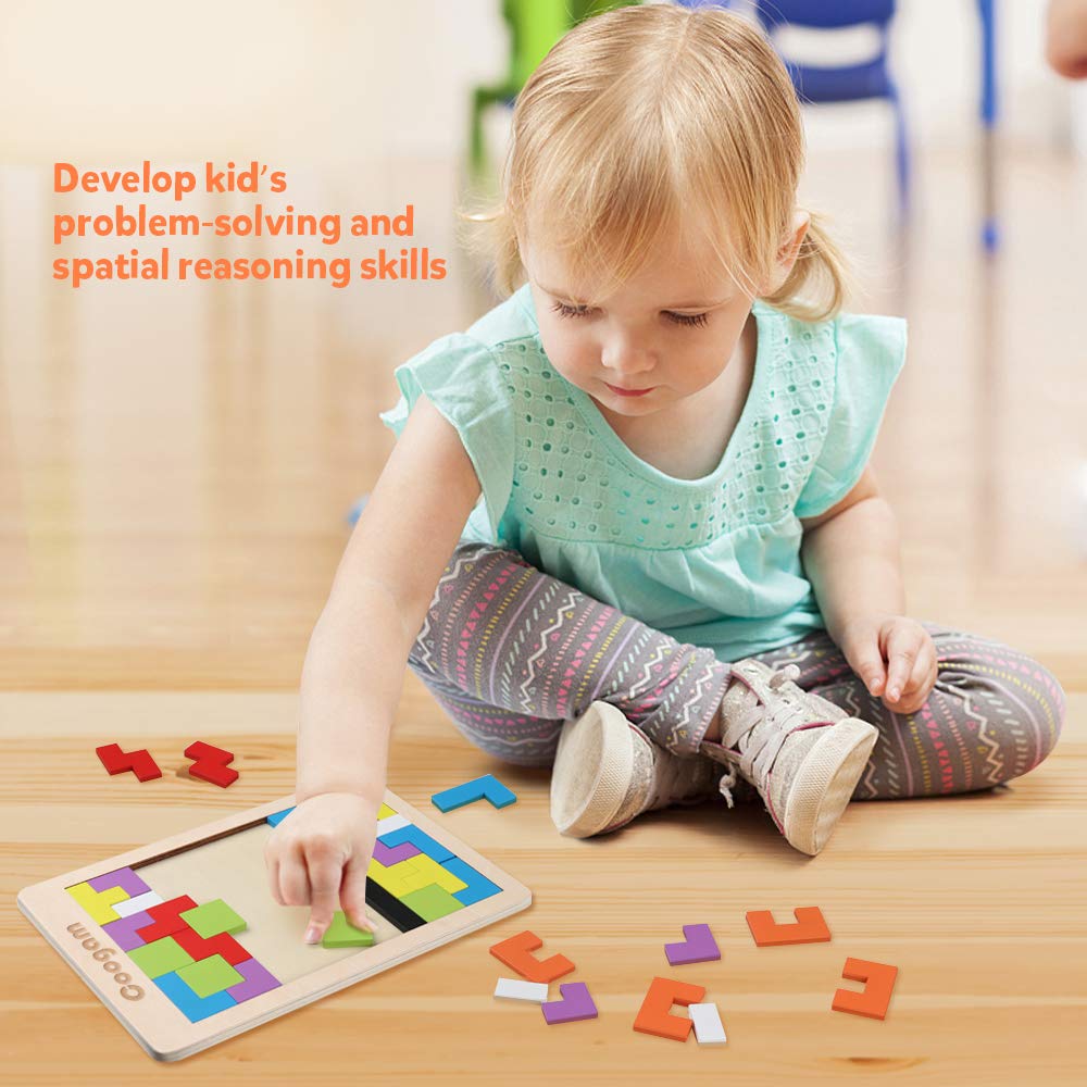 Coogam 40-Piece Wooden Tangram & 3D Brain Teaser Set