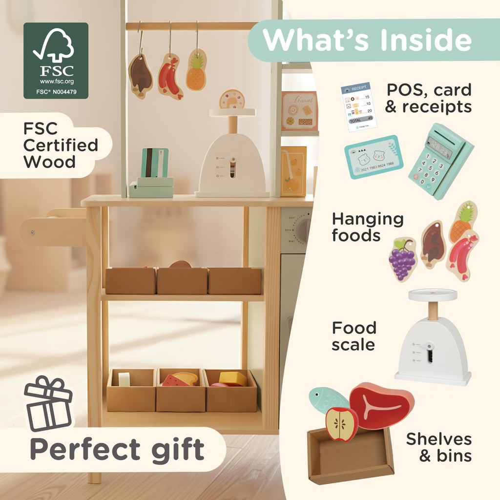 Nene Toys Reversible Wooden Grocery Store Playset Ages 3–7