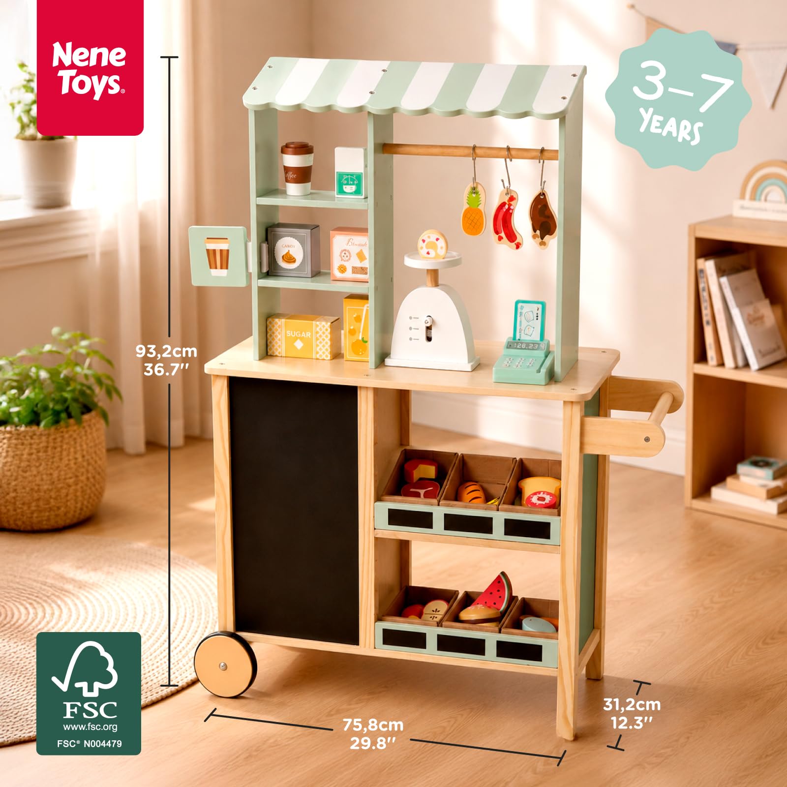 Nene Toys Reversible Wooden Grocery Store Playset Ages 3–7