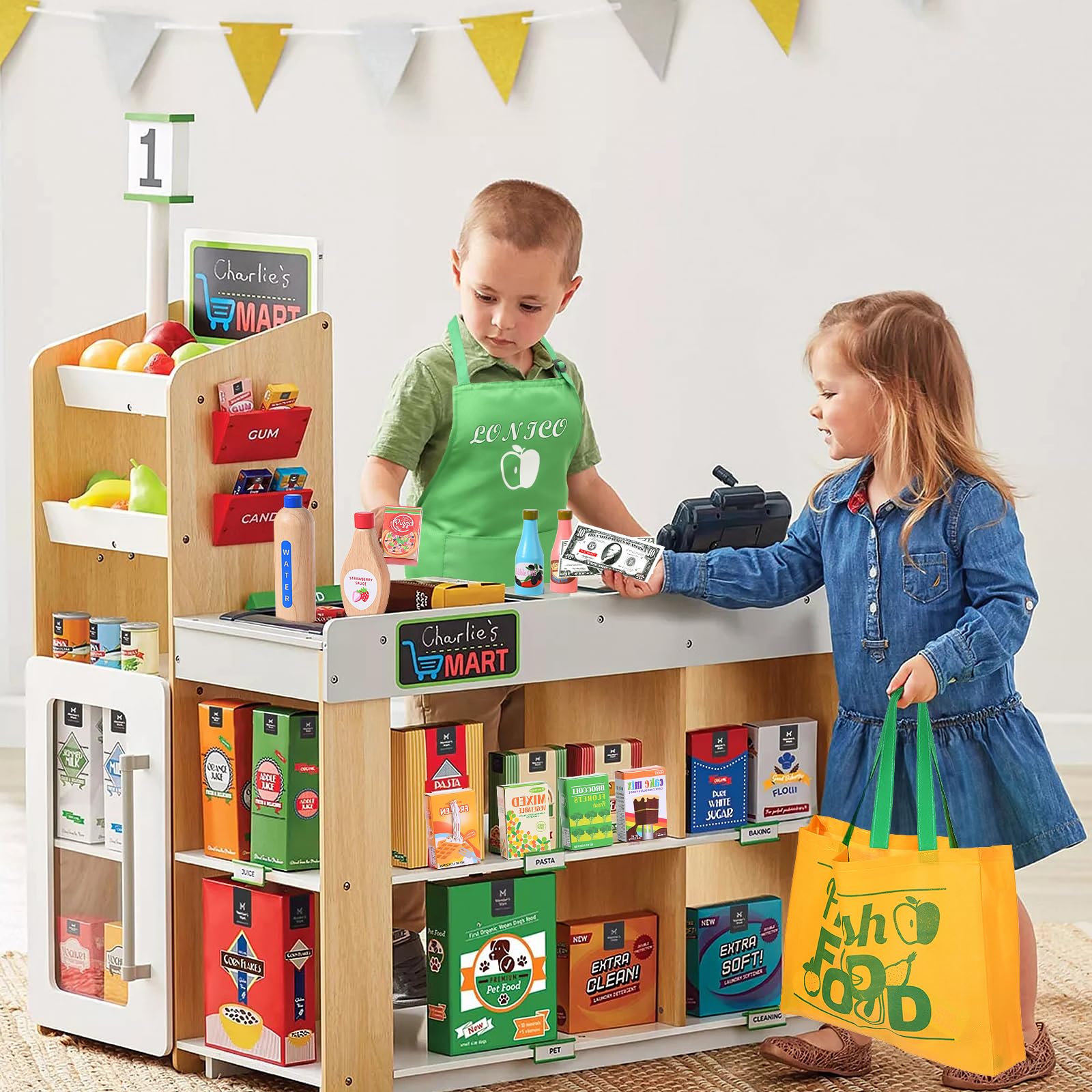 Lonico Wooden Grocery Store & Play Food Set for Kids