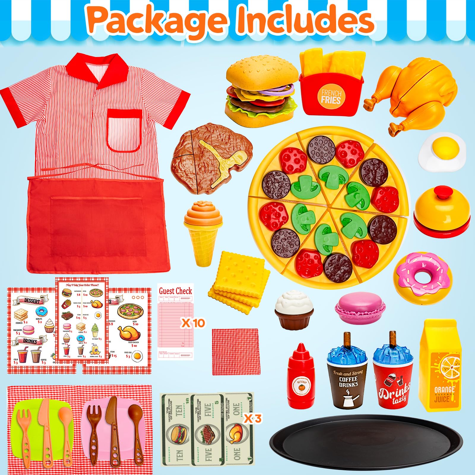 Kids’ Restaurant Server Role-Play Set with Costume & Food