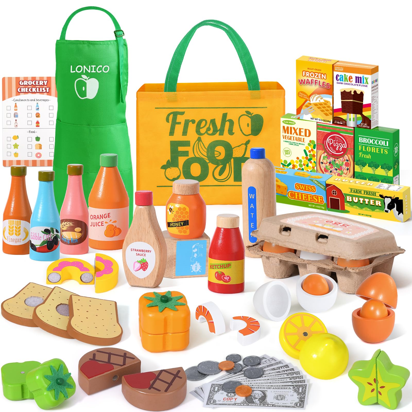 Lonico Wooden Grocery Store & Play Food Set for Kids