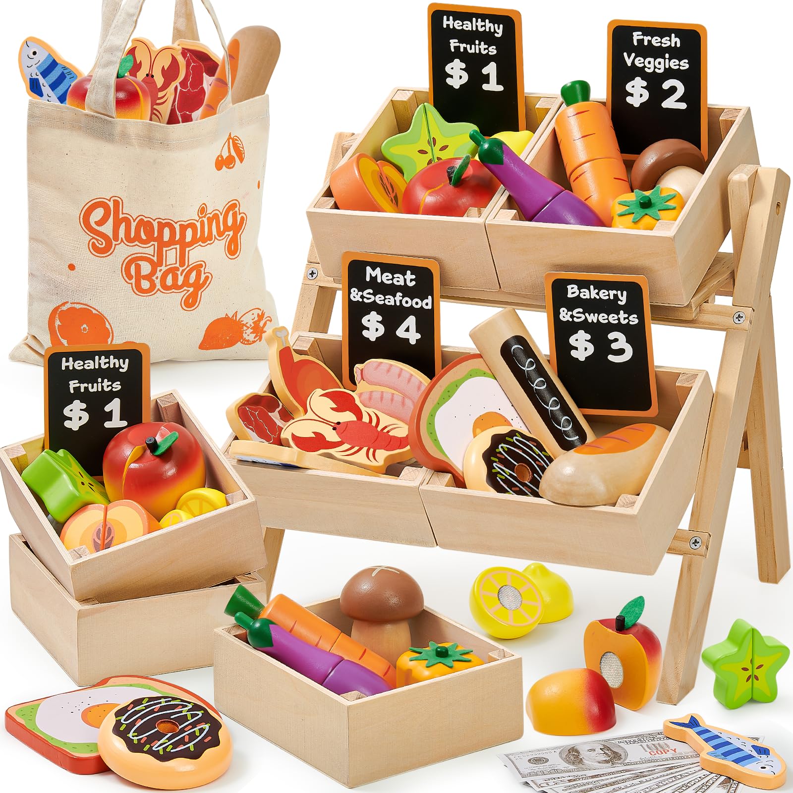 Toyssa 40-Piece Wooden Play Food & Grocery Store Set