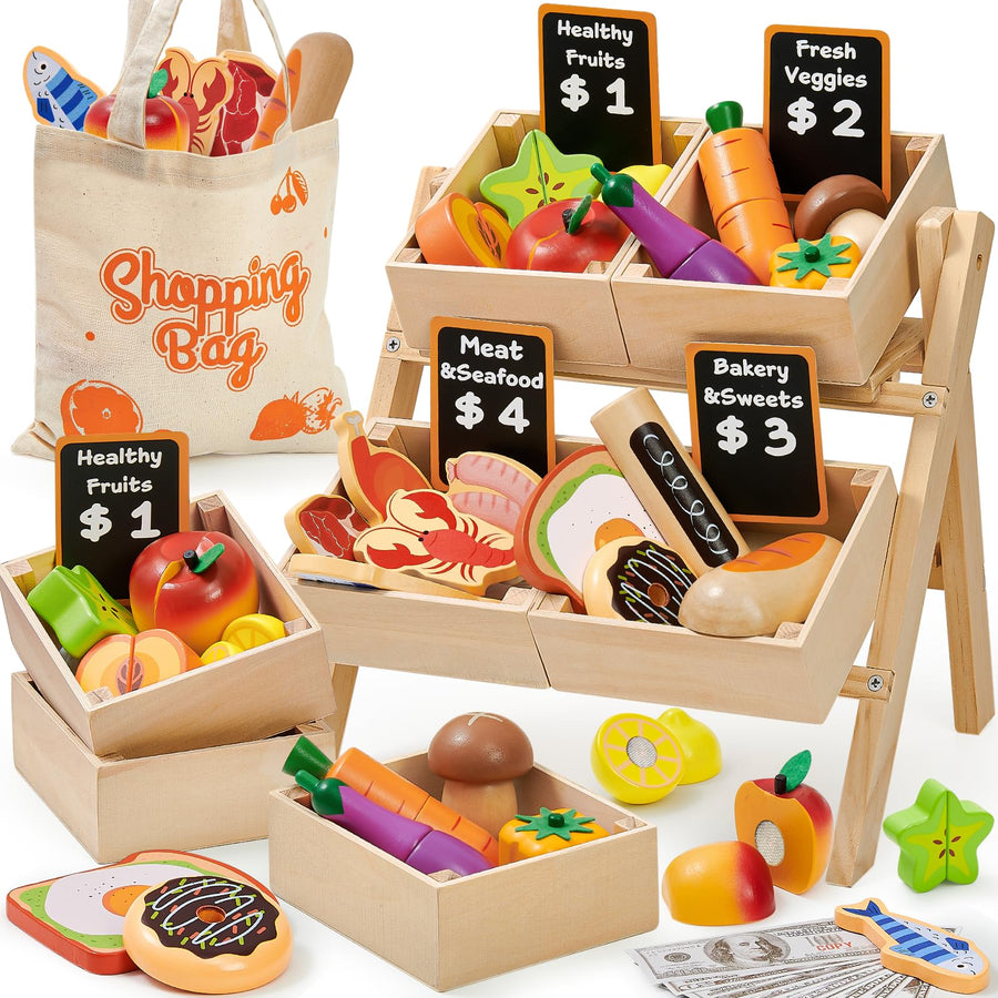 Toyssa 40-Piece Wooden Play Food & Grocery Store Set