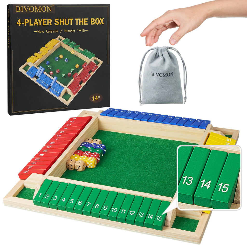 15-Number Wooden Shut the Box Dice Game for 1–4 Players