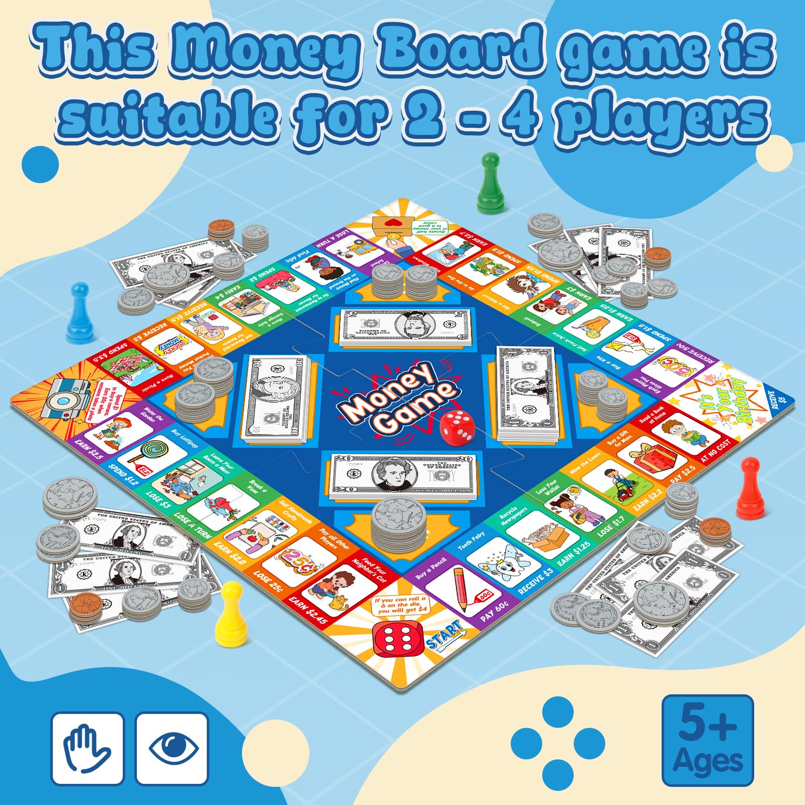 Torlam Kids’ Money Board Game with Coins & Bills