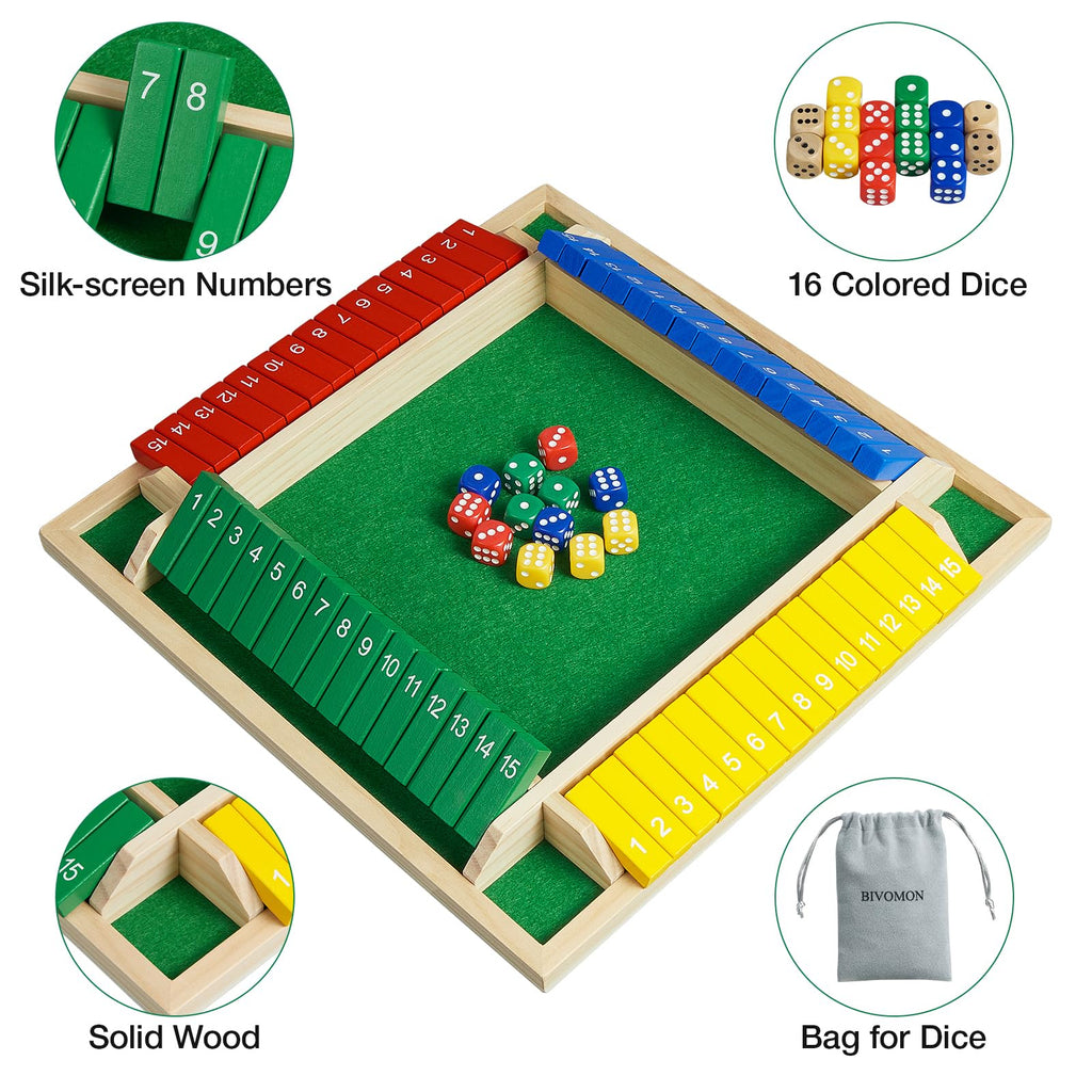 15-Number Wooden Shut the Box Dice Game for 1–4 Players