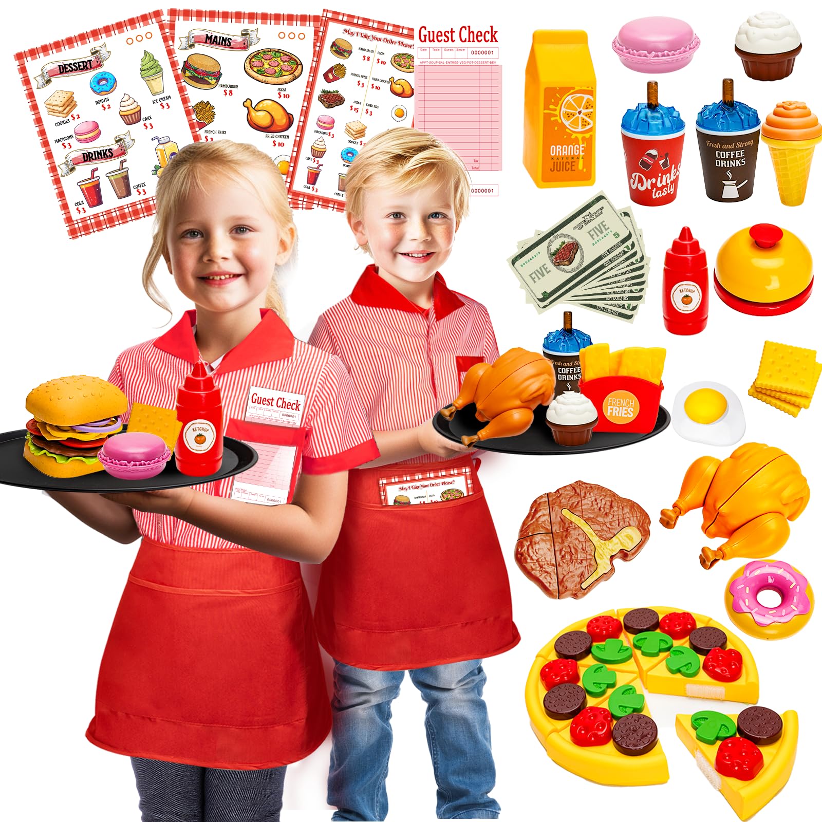 Kids’ Restaurant Server Role-Play Set with Costume & Food