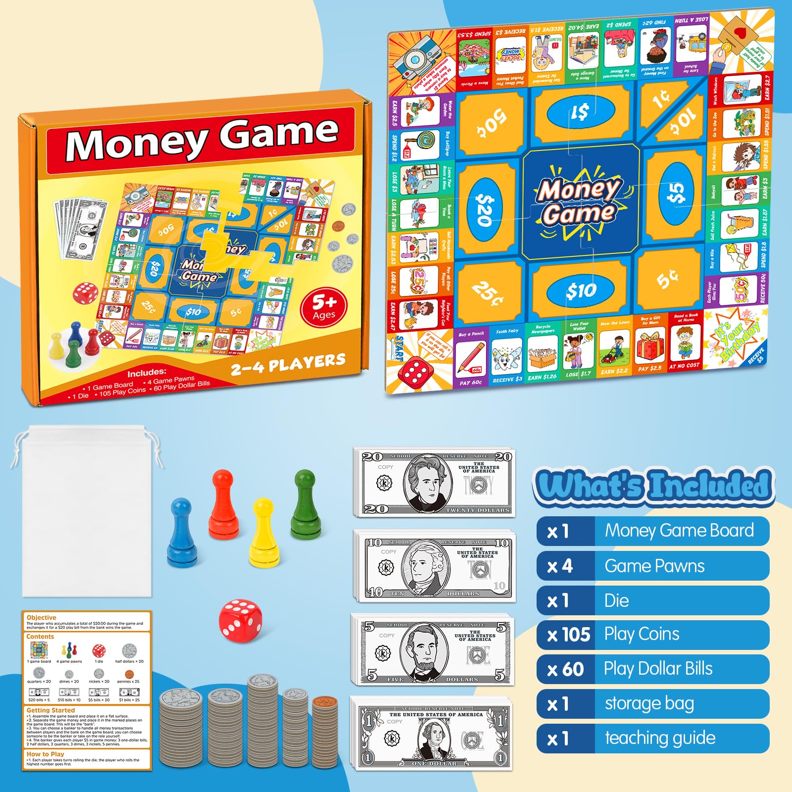 Torlam Kids’ Money Board Game with Coins & Bills